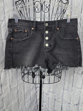 Lucky Brand Mid Rise Black Denim Shorts Button Fly Raw Hem Size 8